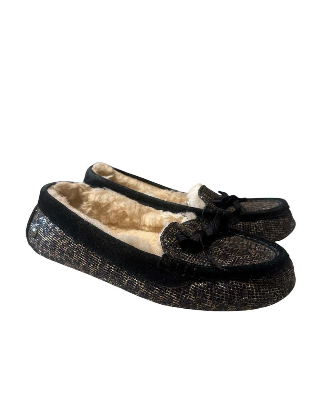 UGG Rylee Black Metallic Leopard Shearling Moccasin Slipper Shoes Women's 8